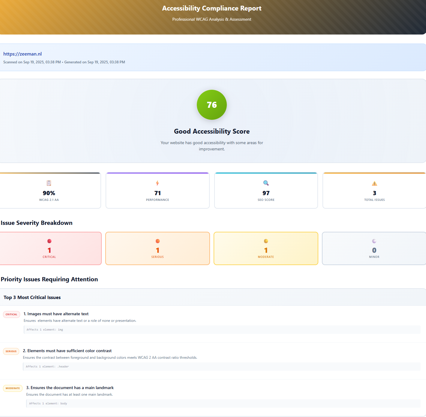 TutusPorta scan detail report showing accessibility issues with prioritization and remediation tips